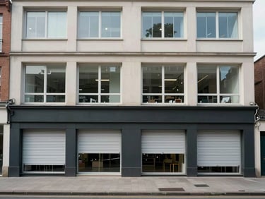 Street-level exterior of a four-storey mixed-use commercial building, ground floor retail shutters open, upper floor office windows, midday overcast light, pedestrian pavement visible in foreground, no people, documentary clarity