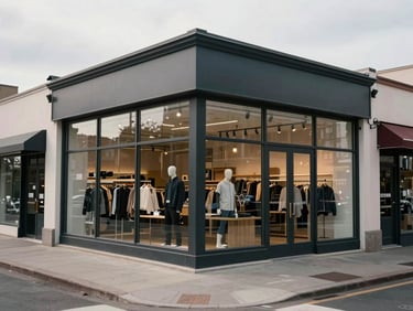 Street-level exterior of a corner retail unit, east-facing glass façade, pedestrian pavement in foreground, neighbouring shopfronts visible for context, overcast midday light, no people, documentary framing