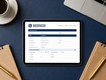 Overhead flat-lay of neatly organized workspace with digital tablet showing corporate registration form, warm gold accents, sharp focus