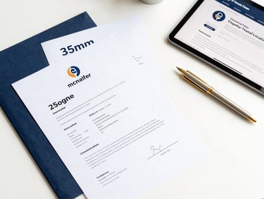 Overhead flat-lay of a modern, clean desk in bright daylight, featuring organized corporate registration certificates, a gold-trimmed pen, and a tablet showing a secure digital legal portal, navy accents, sharp focus, 35mm.