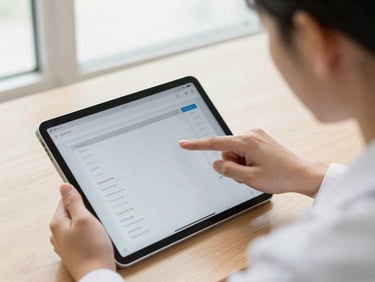 Close-up of a technician showing a diagnostic report on an iPad screen to a customer, pointing to details, clear information displayed, natural light.