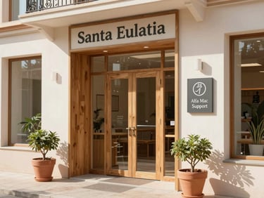Warm environmental shot of the Santa Eulalia studio exterior, showing the entrance with a subtle Alfa Mac Support sign, terracotta planters, bright Mediterranean daylight.
