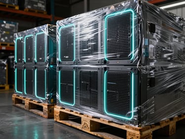 Close-up macro shot of palletized enterprise server hardware wrapped in protective film, illuminated by sharp cyan rim lights in a dark warehouse corridor.