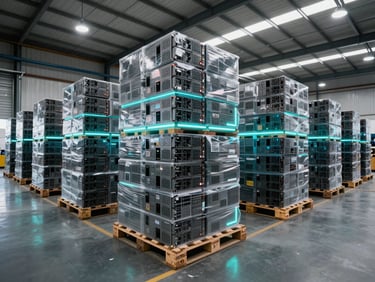 A high-tech logistics warehouse interior with palletized computer hardware, glowing cyan accents, ultra-wide cinematic perspective