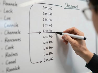 Overhead angle on a whiteboard covered in channel attribution notes and revenue numbers, a hand holding a marker mid-write, soft daylight from left, dark marker lines crisp against white surface