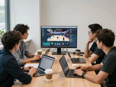 Wide shot of a small team gathered around a monitor displaying a live campaign performance dashboard, candid working meeting, north-facing office light, laptops open, coffee cups on the table