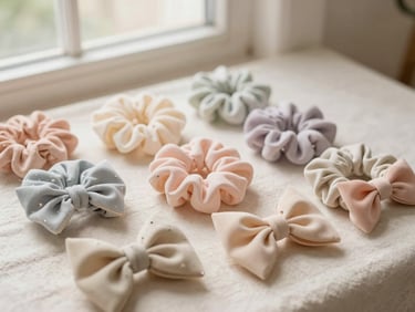 A flat lay of beautifully wrapped pastel scrunchies and bows on textured linen, soft natural window light, warm cream tones, shallow depth of field.