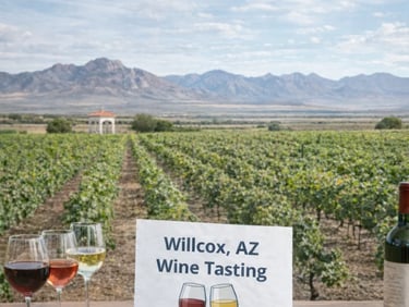 Outdoor Willcox wine tasting featuring wine glasses overlooking a lush Arizona vineyard and mountains.