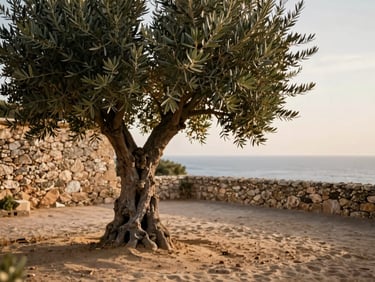 An ancient olive tree in a sun-drenched valley in Mallorca, soft warm light, rustic stone wall in background, shallow depth of field, 35mm