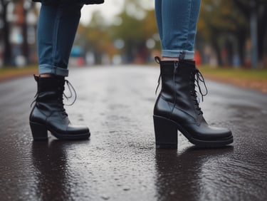 A chic showroom with stylish furniture and elegant displays of women's footwear, featuring flats, sandals, and boots. The wooden flooring and luxurious red chairs create a sophisticated ambiance, with a chandelier adding a touch of elegance. Shelves in the background appear to store stacked ballet shoes.