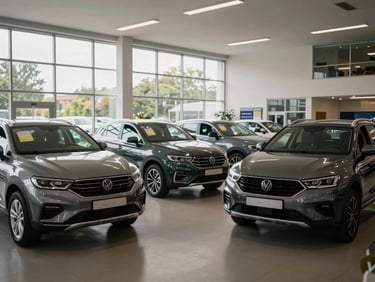 Wide shot of a car dealership showroom interior with price tags clearly visible on windscreens, vehicles under natural daylight from large windows, clean and organized, no people