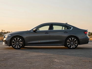 Side profile of a dark grey premium sedan parked outside on a clean lot under golden hour light, no people, standard angle