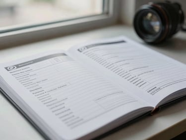 Close-up of a printed vehicle service record booklet open on a desk, pages showing stamped service entries, natural window light, no people