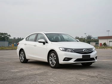 Front three-quarter view of a white sedan on an organized outdoor lot under even overcast daylight, clean tarmac surface, no staging