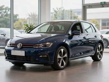 Front three-quarter view of a navy blue hatchback on a clean showroom floor under north-facing window daylight, no props