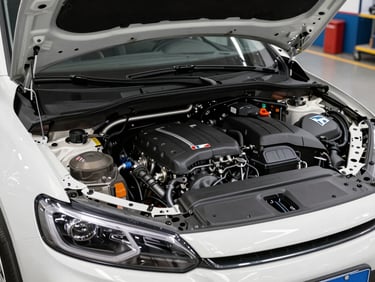 Engine bay close-up of a white crossover under open bonnet in a well-lit service bay, clean engine compartment, no staging