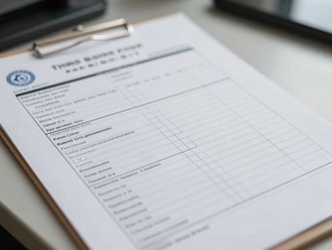 Close-up of a third-party vehicle inspection report with official seal and checkboxes, placed on a clean surface under diffused daylight, no people