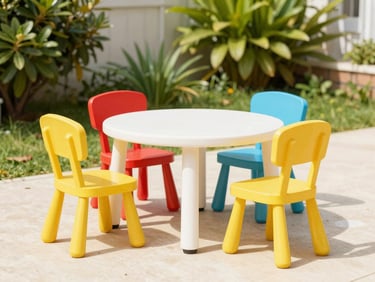 Colorful small children chairs and low tables set up safely in a bright garden, sun-drenched photography