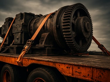Documentary close-up of secured industrial machinery on a heavy-duty flatbed truck, high-contrast steel textures, dramatic overcast daylight, 35mm.