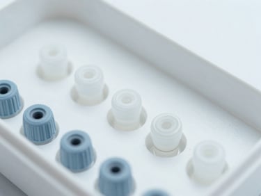 Macro close-up of temperature-controlled specimen transport vials inside a clean clinical courier box, cool sterile white light, 35mm