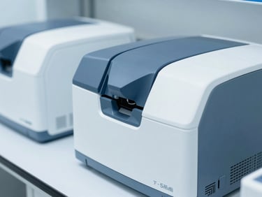 Clinical laboratory bench with automated molecular analyzers, cool slate blue tones, sterile high-key lighting, sharp macro focus, 35mm