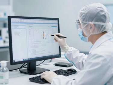 Mid-shot of a professional pathologist in clean protective gear analyzing diagnostic data on a high-resolution monitor, bright sterile laboratory background, 35mm
