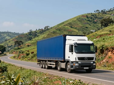 Environmental wide shot of a modern logistics truck on a paved road winding through the lush green hills of Cameroon, bright daylight, professional photography