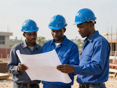 Medium shot of Cameroonian civil engineers in hard hats reviewing blueprints on an active construction site, bright natural daylight, sharp focus, editorial 35mm