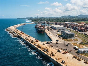 Wide environmental shot of a modern infrastructure project in Cameroon under bright natural daylight, crisp focus, editorial 35mm