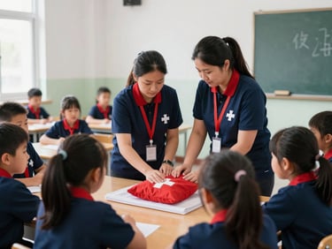 Croix Blanche volunteers in uniform interacting with children in a classroom, demonstrating basic first aid, natural indoor light, crisp navy and signal red accents, sharp focus, 35mm lens.
