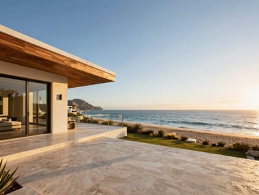 Modern luxury villa in Cabo Corridor, wide-angle shot of ocean-facing terrace at golden hour, travertine floors, parota wood details