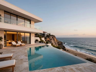 Cliffside modern villa in Pedregal Cabo, architectural shot, twilight soft lighting, private pool overlooking the ocean