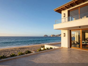 Wide-angle architectural shot of a premium Cabo villa with an ocean-facing terrace, golden-hour warmth, rich ocean blues and sand tones