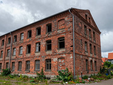 An old, overgrown brick building with structural cracks and wild vegetation under a grey sky in Lubmin.