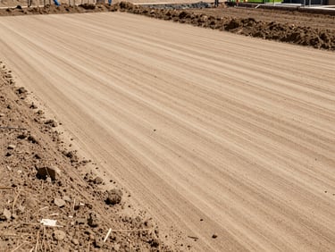 A perfectly cleared, leveled sandy soil plot ready for construction, clean borders, no debris.