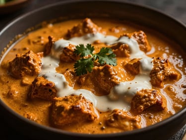 Close-up of a bowl of creamy Butter Chicken, garnished with fresh cream and cilantro, dramatic low-key golden light, deep shadows, rich warm tones, shallow depth of field, 50mm lens