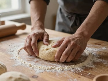 Close-up of baker hands shaping high-protein dough on a flour-dusted wooden prep table, moody natural side-light, warm oat tones, 35mm