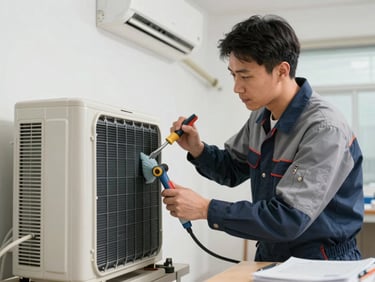 Medium shot of a professional technician in a clean uniform carefully cleaning an indoor AC unit evaporator with specialized tools, clean organized workspace, bright neutral indoor lighting.