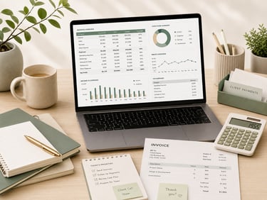 Laptop showing a business finance dashboard with invoices, calculator, client payment folder, notebo