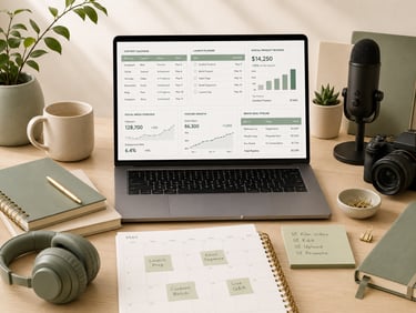Laptop showing a creator dashboard with content calendar, launch planner, revenue tracker, microphon