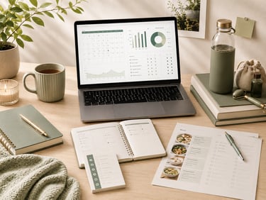 Laptop showing a habit and life planning dashboard with wellness tools, meal planner, checklist, not