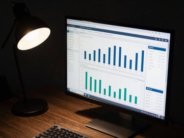 Overhead shot of a monitor displaying an analytics dashboard with bar charts and call-volume metrics, real numbers visible, hard directional desk-lamp light from left, dark studio background, keyboard partially in frame at bottom edge