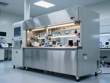 Vista de ángulo bajo de un piso epóxico industrial impecable en un laboratorio de alta tecnología, reflejando luces LED lineales, estética limpia y estéril.