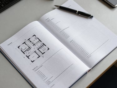 Overhead shot of an open inspection report on a light grey desk surface, pages showing annotated floor plan sketches and printed moisture-reading tables, a pen resting across the top corner, clinical overhead lighting, no visible faces or branding