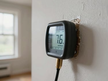 Close-up of a moisture meter probe pressed against a drywall surface in a residential room, daylight from an off-frame window illuminating the meter display, paint discoloration visible around the probe contact point