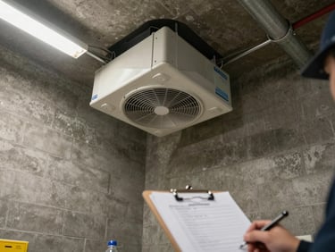 Wide-angle shot of a commercial building interior showing an HVAC plenum in the ceiling corner, overhead clinical lighting, visible efflorescence on the concrete block wall, inspector's clipboard with notes in the lower frame
