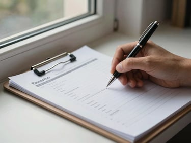 Angled close-up of a clipboard with an inspection checklist resting on a windowsill, natural daylight from outside, a pen mid-stroke on the form, blurred room interior in background