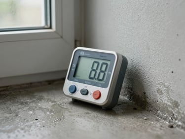 Angled close-up of a digital thermo-hygrometer placed on a concrete basement floor near a wall corner showing water staining, natural daylight filtering through a small ground-level window, clinical ambient light, no people visible