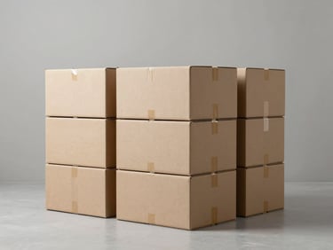 Clean warehouse environment with neatly stacked product boxes, muted neutral tones, even studio lighting