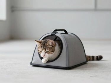 Close-up of a cat interacting naturally with a functional, durable pet accessory on a clean, uncluttered surface, soft overcast daylight
